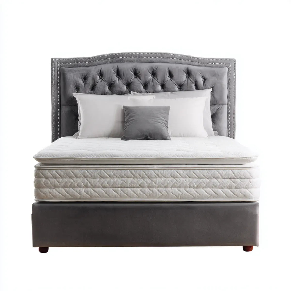 Lit double avec matelas gris 160 x 200 cm en velours de polyester avec tête de lit capitonnée