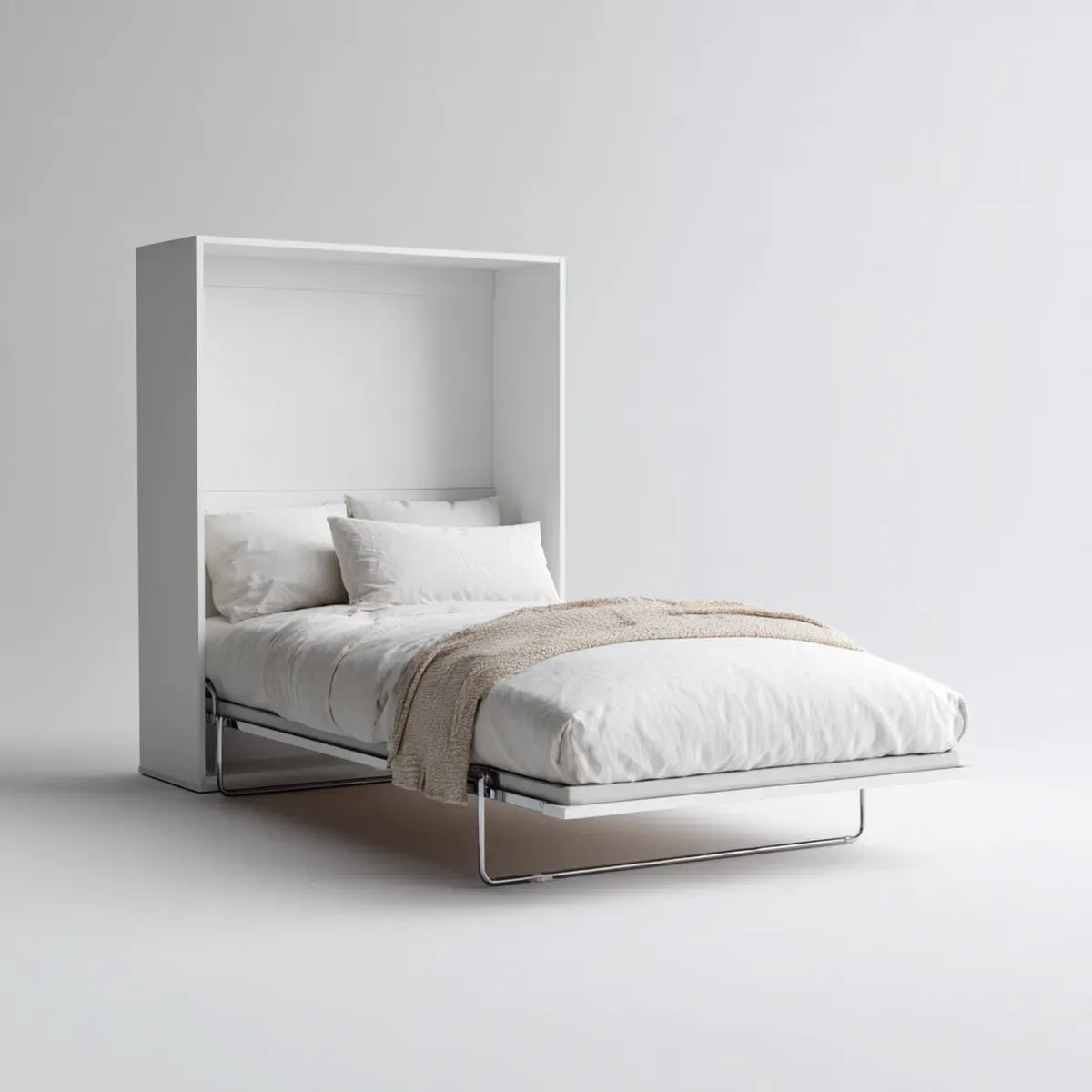 Lit escamotable vertical blanc 140 x 190 cm en panneaux de particules mélaminés avec piètement en acier