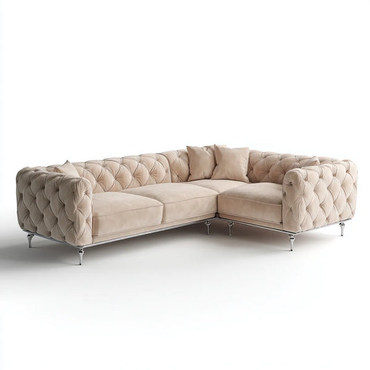 Canapé d'angle Chesterfield 5 places beige en velours polyester 300 x 220 cm
